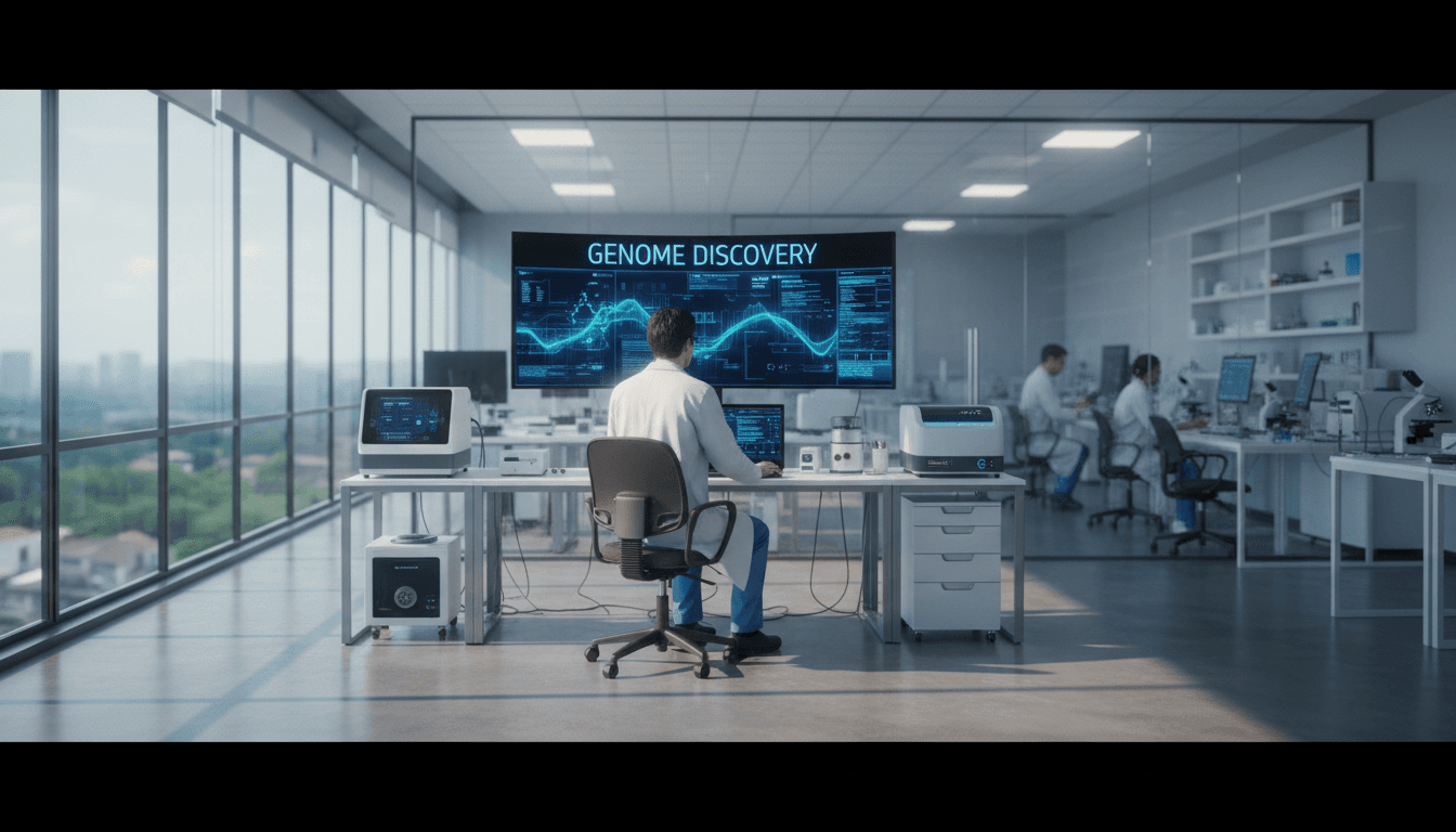 Genomics researcher analyzing DNA sequencing data at modern laboratory workstation