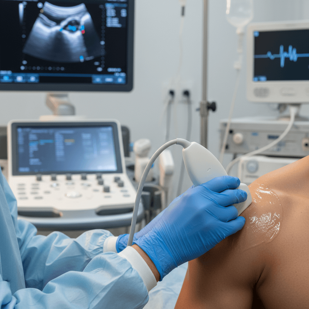 Physician's gloved hands positioning ultrasound transducer on patient's shoulder for diagnostic imaging guidance